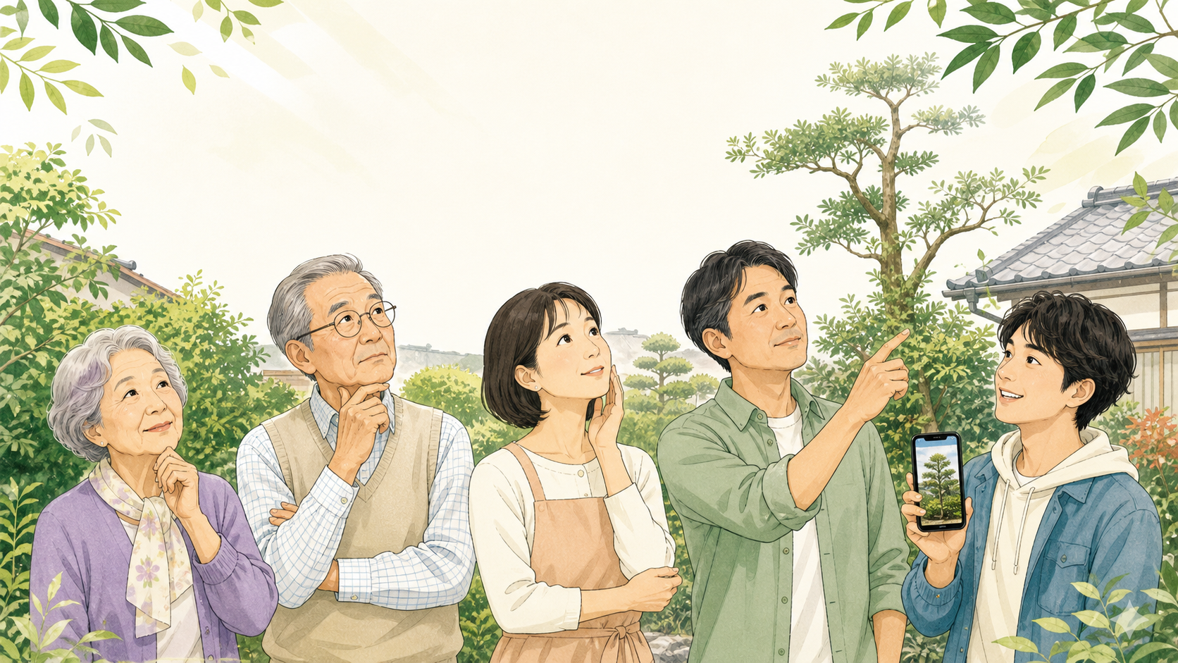 庭のお手入れについて相談するさまざまな世代のお客様イメージ